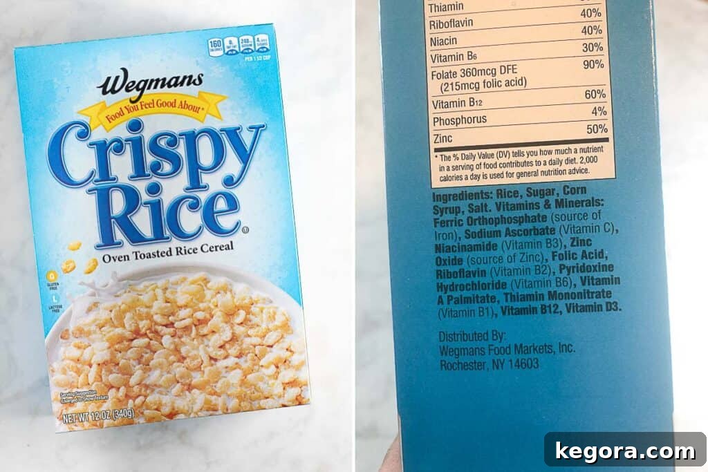 Image of a Wegmans Crispy Rice cereal box, showing its ingredients label which confirms it is gluten-free.