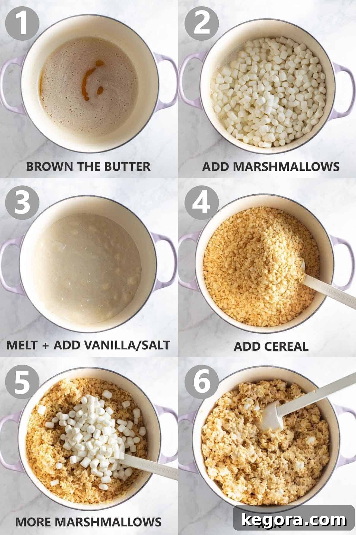 A visual guide showing 6 sequential steps for making gluten-free rice krispies treats.