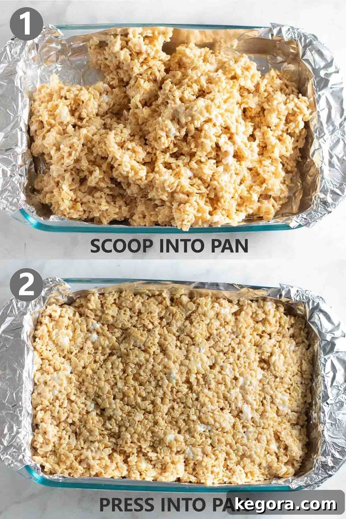 Two steps illustrating how to press and form crispy rice cereal treats into a pan before cooling.