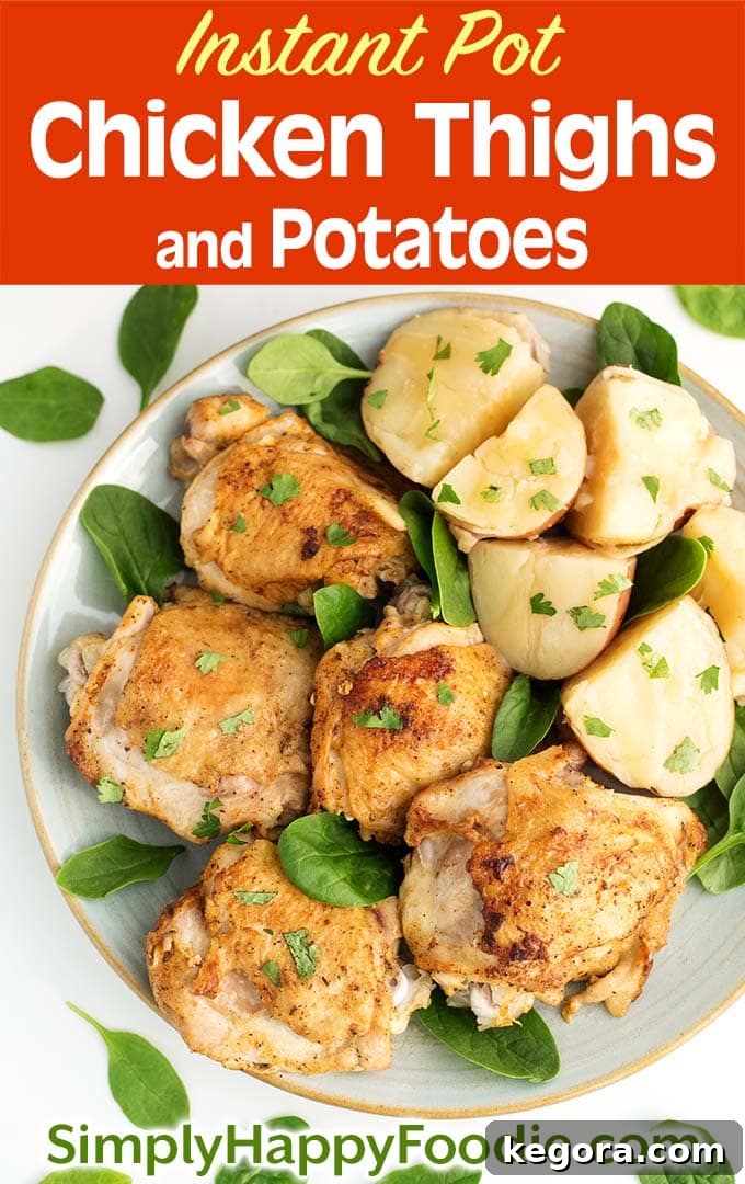 Instant Pot Chicken Thighs and potatoes with title and simply happy foodie logo