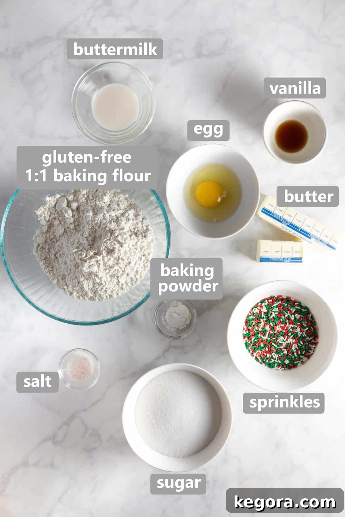 Sparkling Gluten-Free Christmas Treats 5 overhead shot of labeled ingredients used to make the cookies, neatly arranged on a kitchen surface