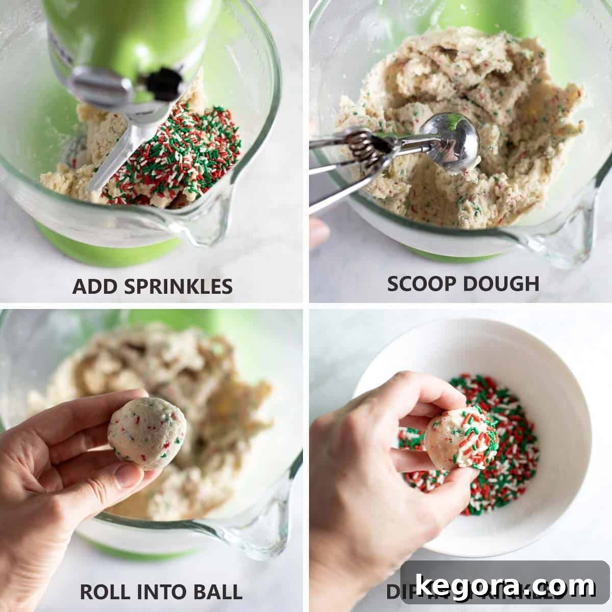 Sparkling Gluten-Free Christmas Treats 7 step by step photos of how to roll and dip cookie dough in sprinkles, showing hands performing the action