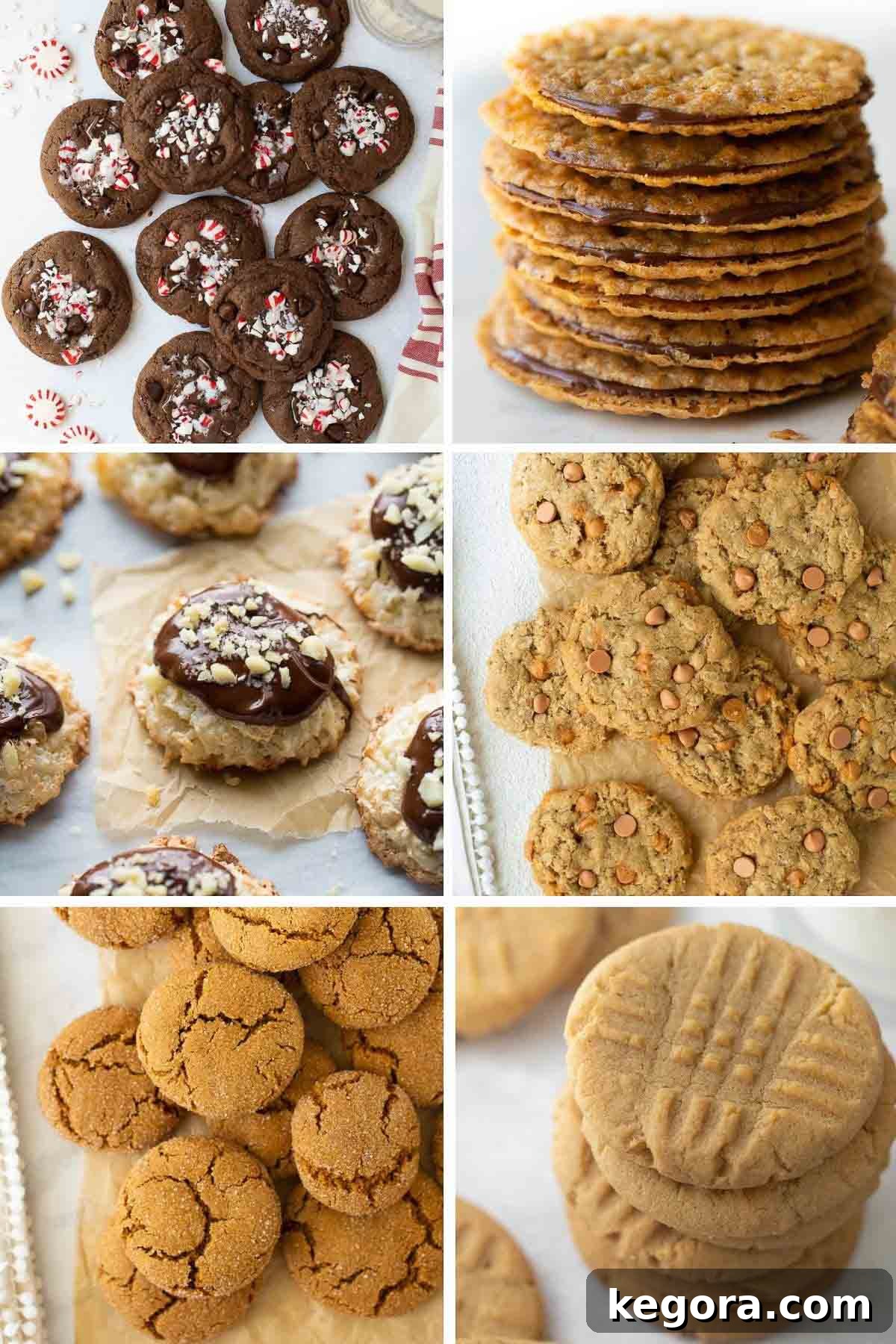 Sparkling Gluten-Free Christmas Treats 3 A vibrant display of six different types of gluten-free Christmas cookies, showcasing a variety of textures and decorations, arranged artfully on a light background.