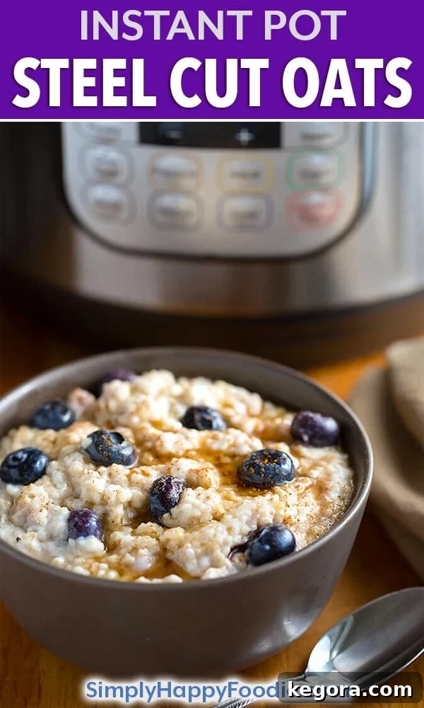 Instant Pot Steel Cut Oats are easy to prepare and ready in about 25 minutes. Have breakfast cooking while you get ready for your day! Pressure cooker steel cut oats can also be set to cook the next morning, using the Instant Pot. #instantpotoatmeal #pressurecookeroatmeal #instantpotsteelcutoats Instant Pot Oatmeal for breakfast is a healthy start to your day!