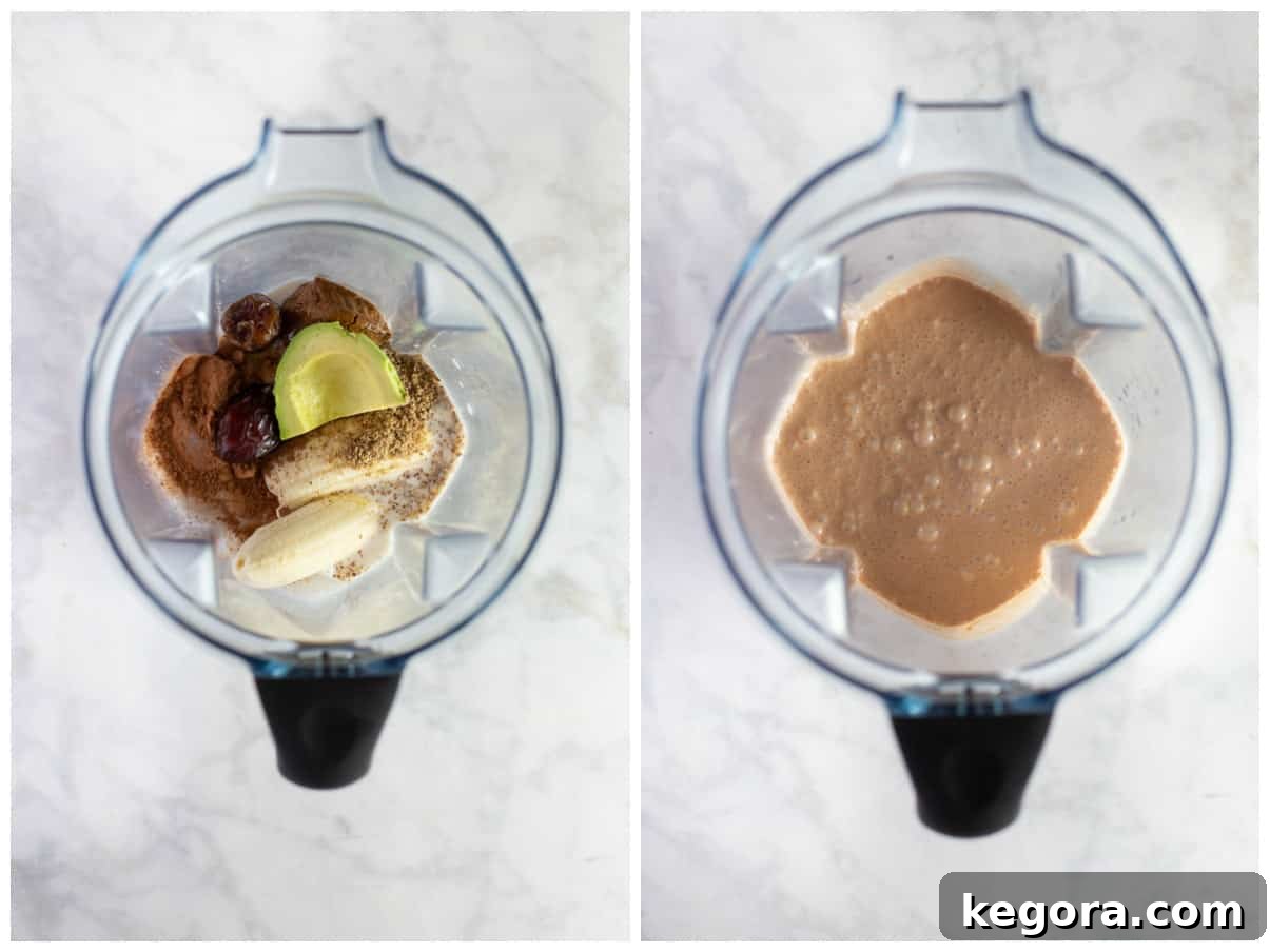 How to Make a Smoothie All ingredients loaded into a blender, ready to be transformed into a chocolate green smoothie.