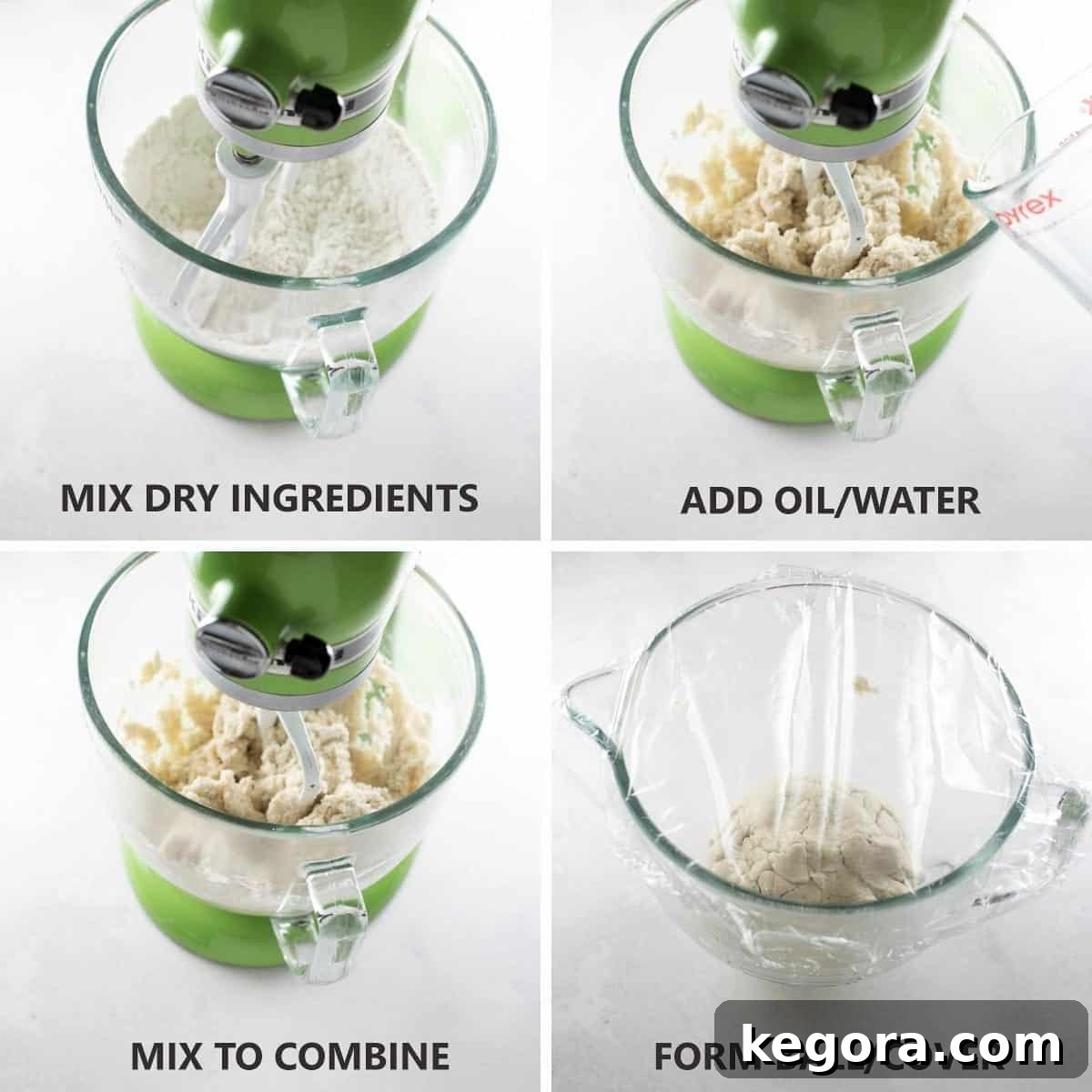 Step-by-step photos demonstrating how to mix gluten-free tortilla dough in a stand mixer.
