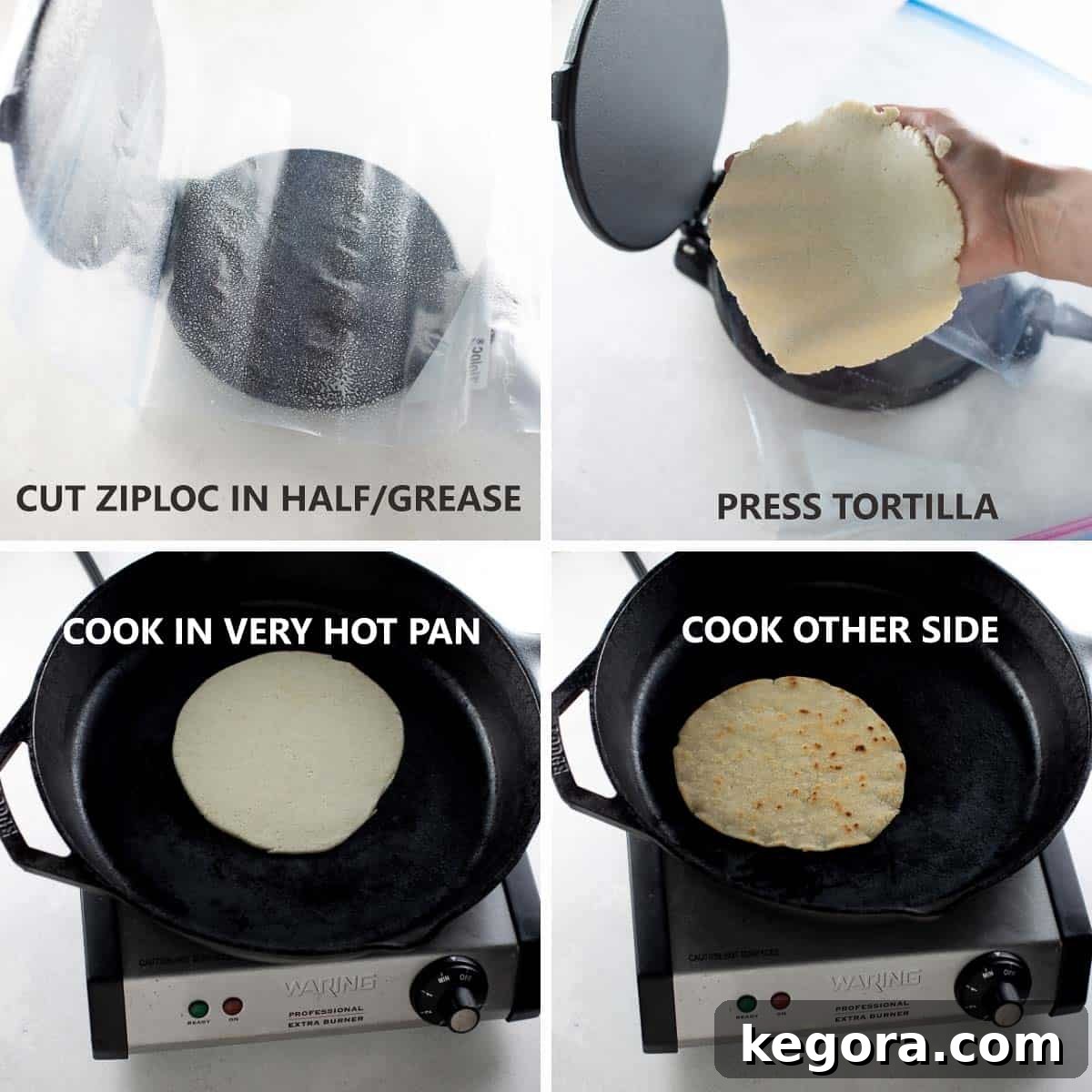 Step-by-step photos showing how to press and shape homemade gluten-free tortillas using a tortilla press lined with a plastic bag.