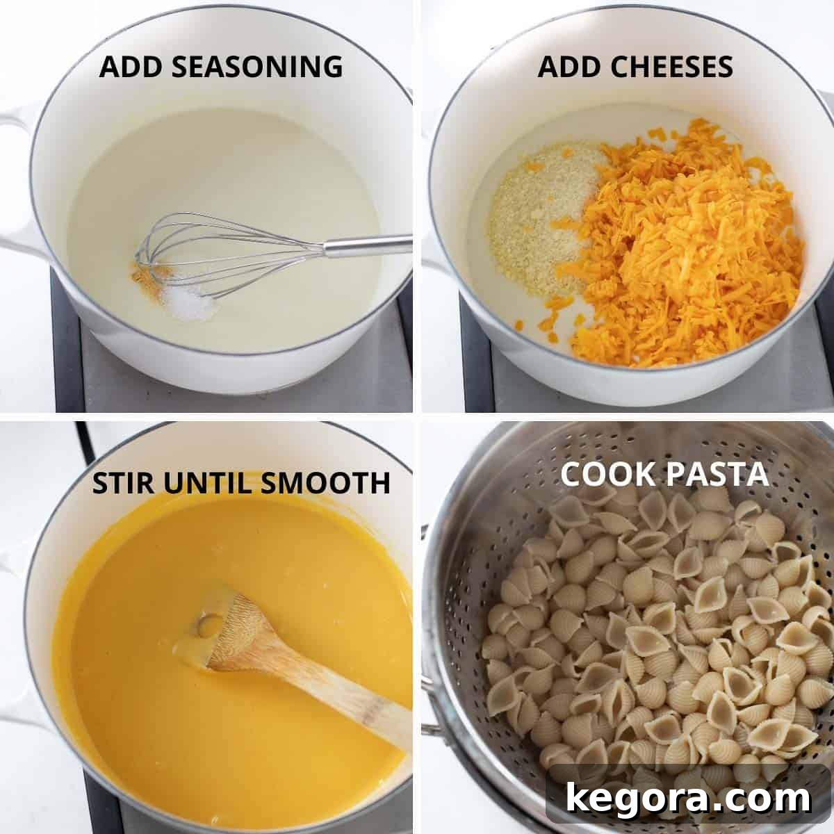 Decadent Gluten-Free Mac and Cheese 5 Smooth, simmering gluten-free cheese sauce being prepared in a saucepan