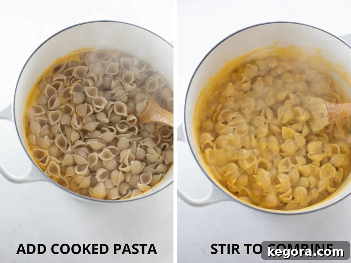 Decadent Gluten-Free Mac and Cheese 6 Al dente gluten-free macaroni noodles being stirred into the rich, creamy cheese sauce