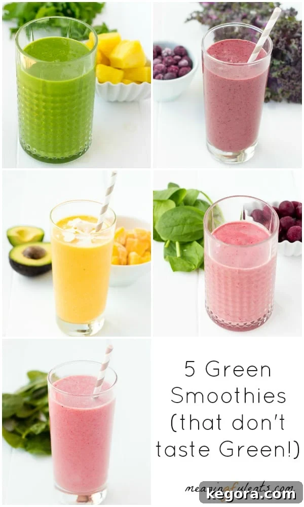 Collage of five vibrant, appealing smoothies, none of which appear overtly 'green,' alongside a descriptive title.