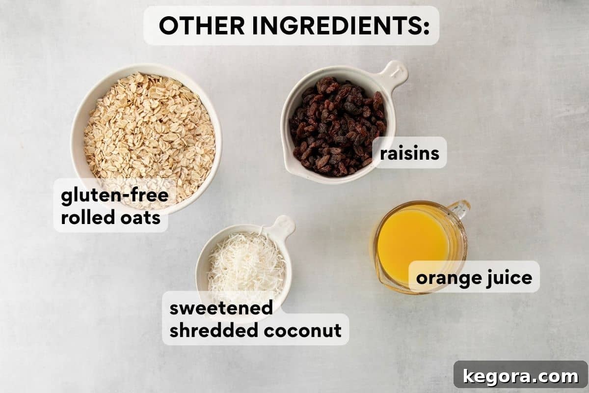 Other optional and essential ingredients for gluten-free oatmeal raisin cookies, pre-measured.