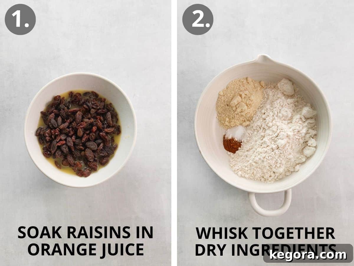 Step 1: Soaking raisins in orange juice. Step 2: Whisking together dry ingredients for gluten-free oatmeal raisin cookies.