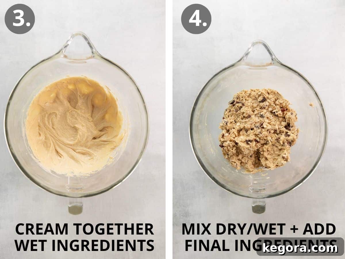Step 3: Creaming wet ingredients until light and fluffy. Step 4: Mixing dry, wet, and final ingredients for the gluten-free cookie dough.