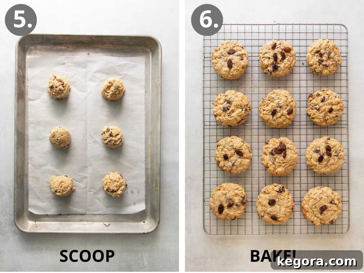 Step 8: Scooping uniform cookie dough balls onto a baking sheet. Step 9: Freshly baked golden-brown gluten-free oatmeal raisin cookies cooling.