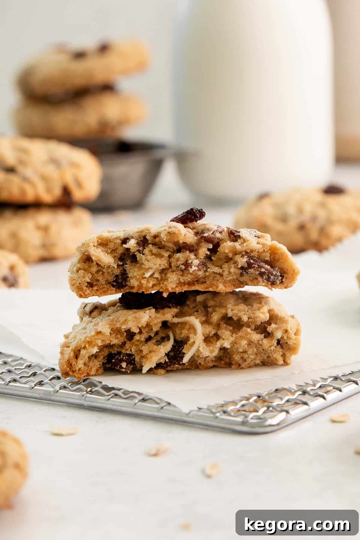 A stack of two gluten-free oatmeal raisin cookies, cut in half to reveal their moist, chewy interior filled with plump raisins and oats.