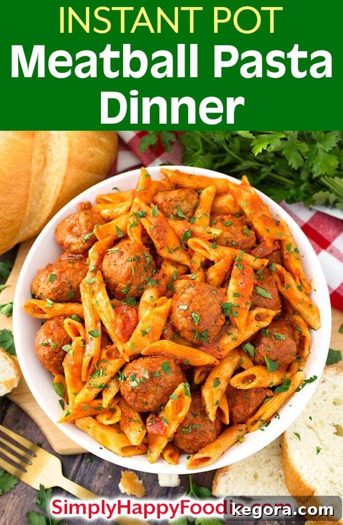 Instant Pot Meatball Pasta Perfection 12 This easy and tasty Instant Pot Meatball Pasta Dinner can be on the table in under an hour! Using frozen, pre-cooked meatballs, and a jarred pasta sauce, you can let the Instant Pot do all of the work for a pressure cooker meatball pasta dinner! Instant Pot recipes by simplyhappyfoodie.com #instantpotmeatballspasta #pressurecookermeatballpasta