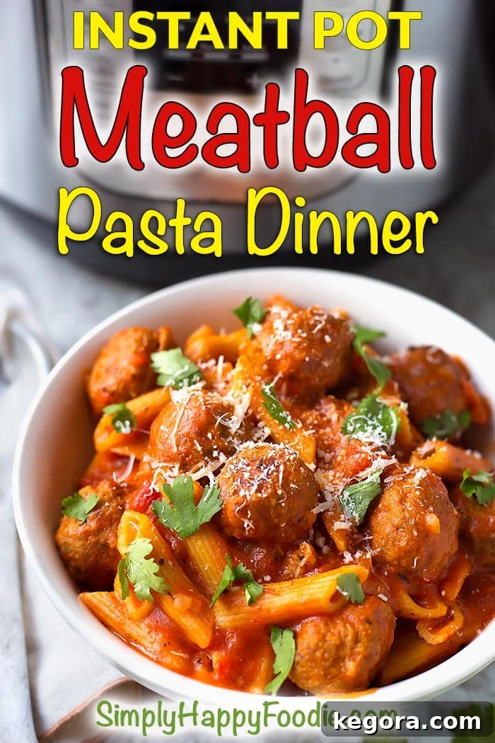 Instant Pot Meatball Pasta Perfection 13 Instant Pot Meatball Pasta Dinner is a hearty pasta meal made with frozen pre-cooked meatballs. This pressure cooker meatball pasta is an easy weeknight meal in under an hour! simplyhappyfoodie.com #instantpotmeatballspasta #pressurecookermeatballpasta