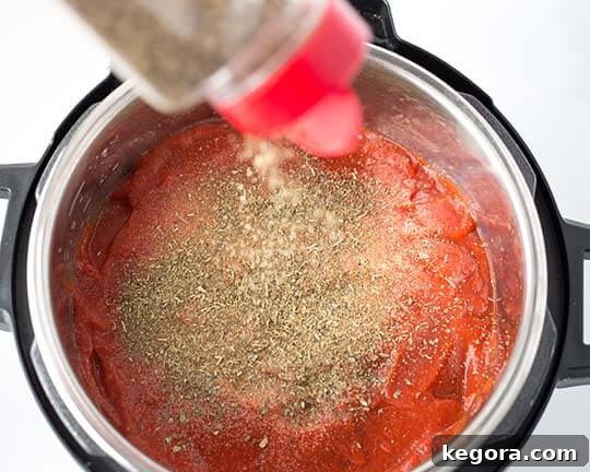 Instant Pot Meatball Pasta Perfection 8 Seasonings being sprinkled over the top layer of pasta sauce in the Instant Pot, adding depth of flavor.