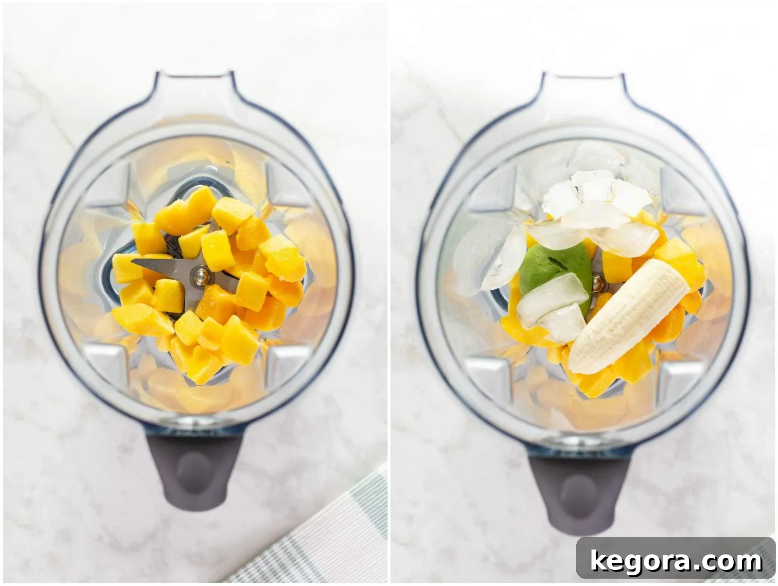 Ingredients for mango avocado smoothie being added to a blender for preparation.