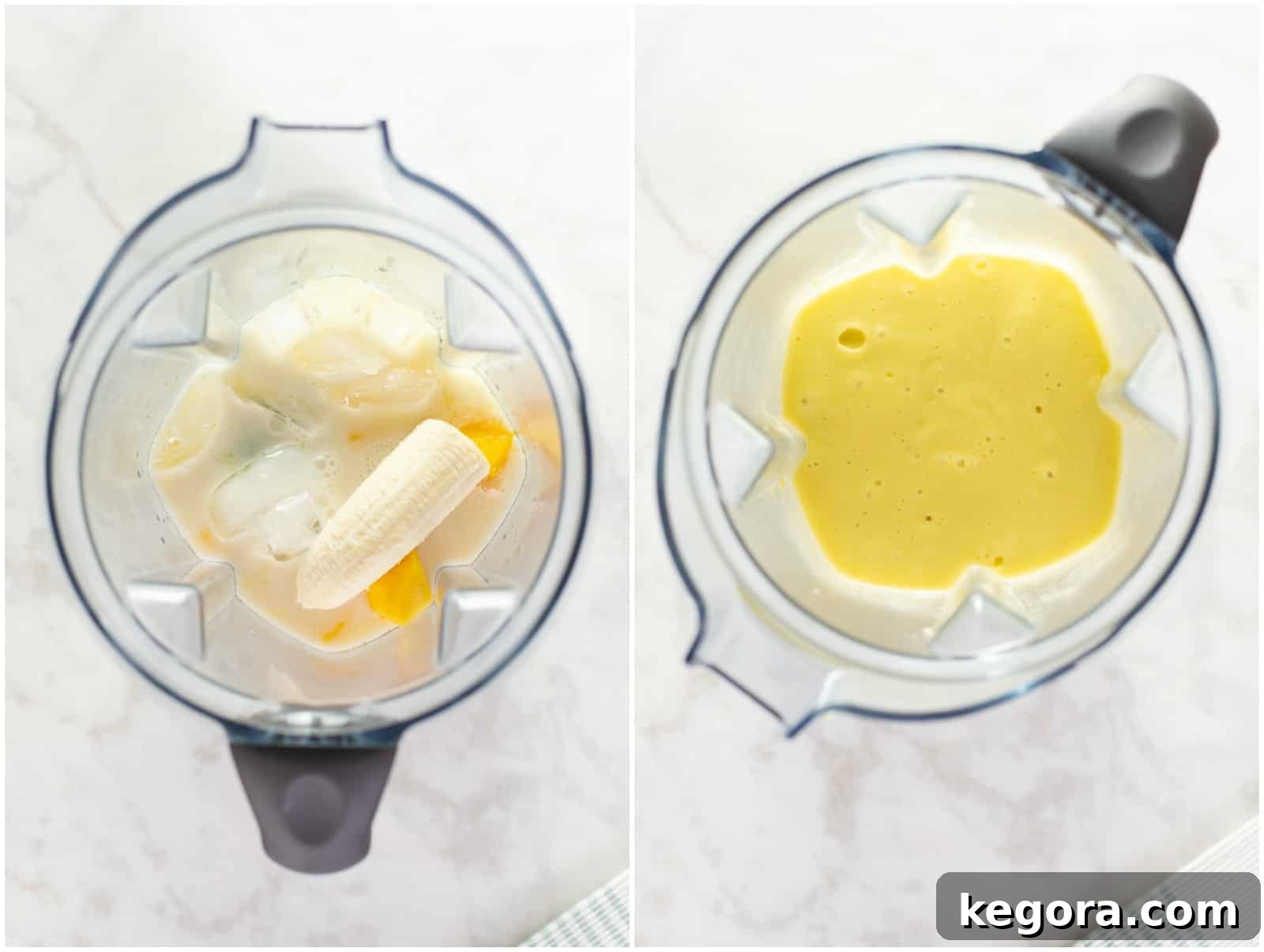 Blender in action, mixing ingredients until smooth for a perfect mango avocado smoothie.