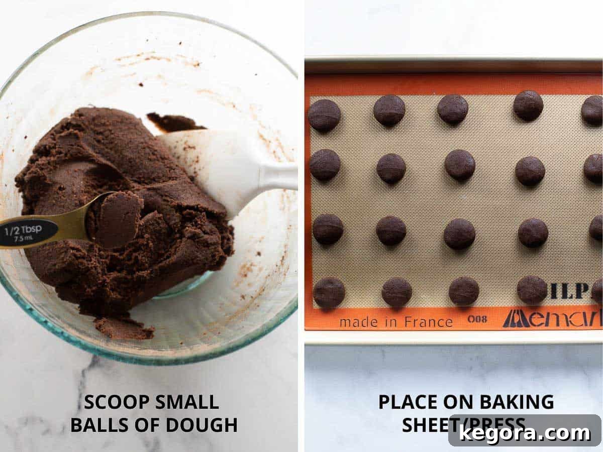gluten free oreo cookie dough being scooped and placed on baking sheet