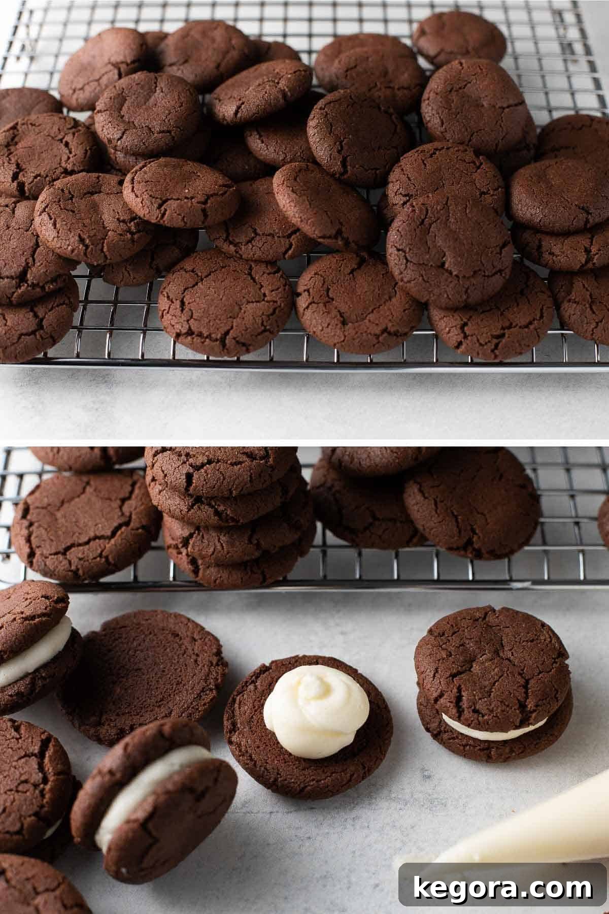 chocolate cookies on cooling rack and being filled with cream filling