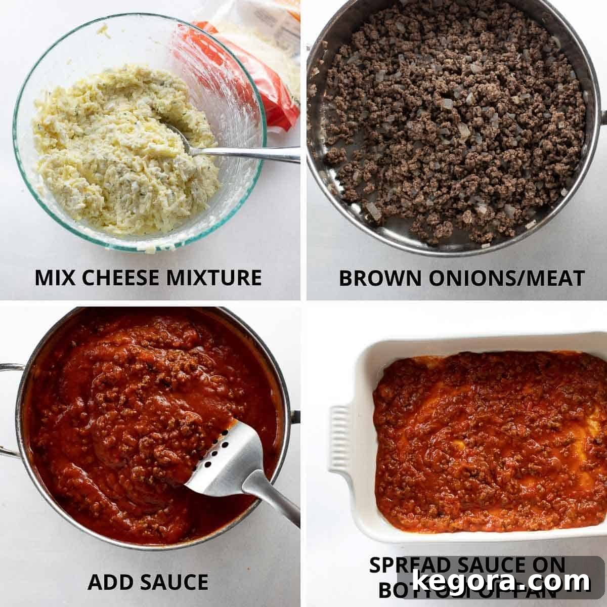 Steps for preparing the cheese mixture and meat sauce for gluten-free lasagna shown in separate bowls and a skillet.