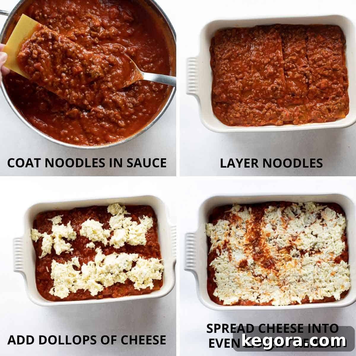 Sequential photos showing the assembly of gluten-free lasagna, including sauce application, noodle placement, and cheese layering.