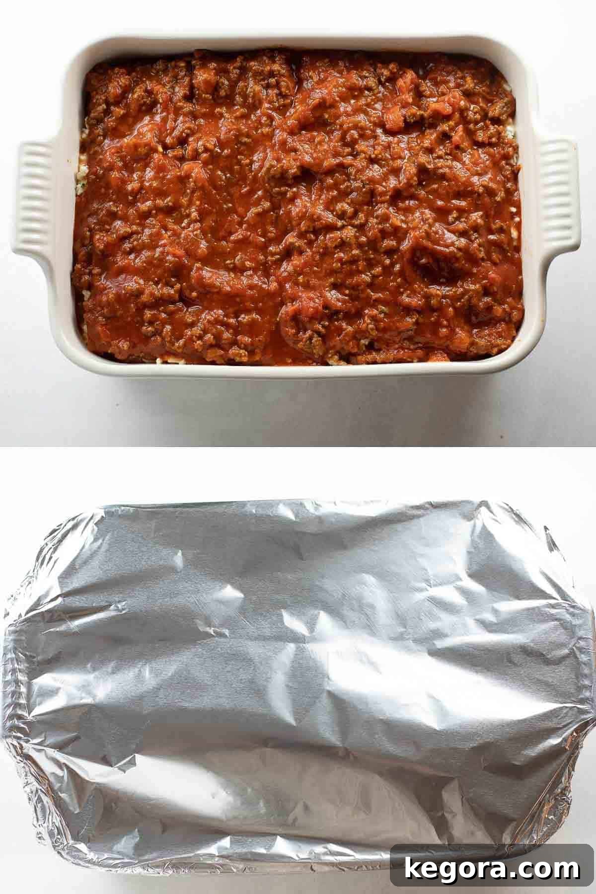 Gluten-free lasagna in a baking dish, tightly wrapped in aluminum foil, ready for its initial baking phase.