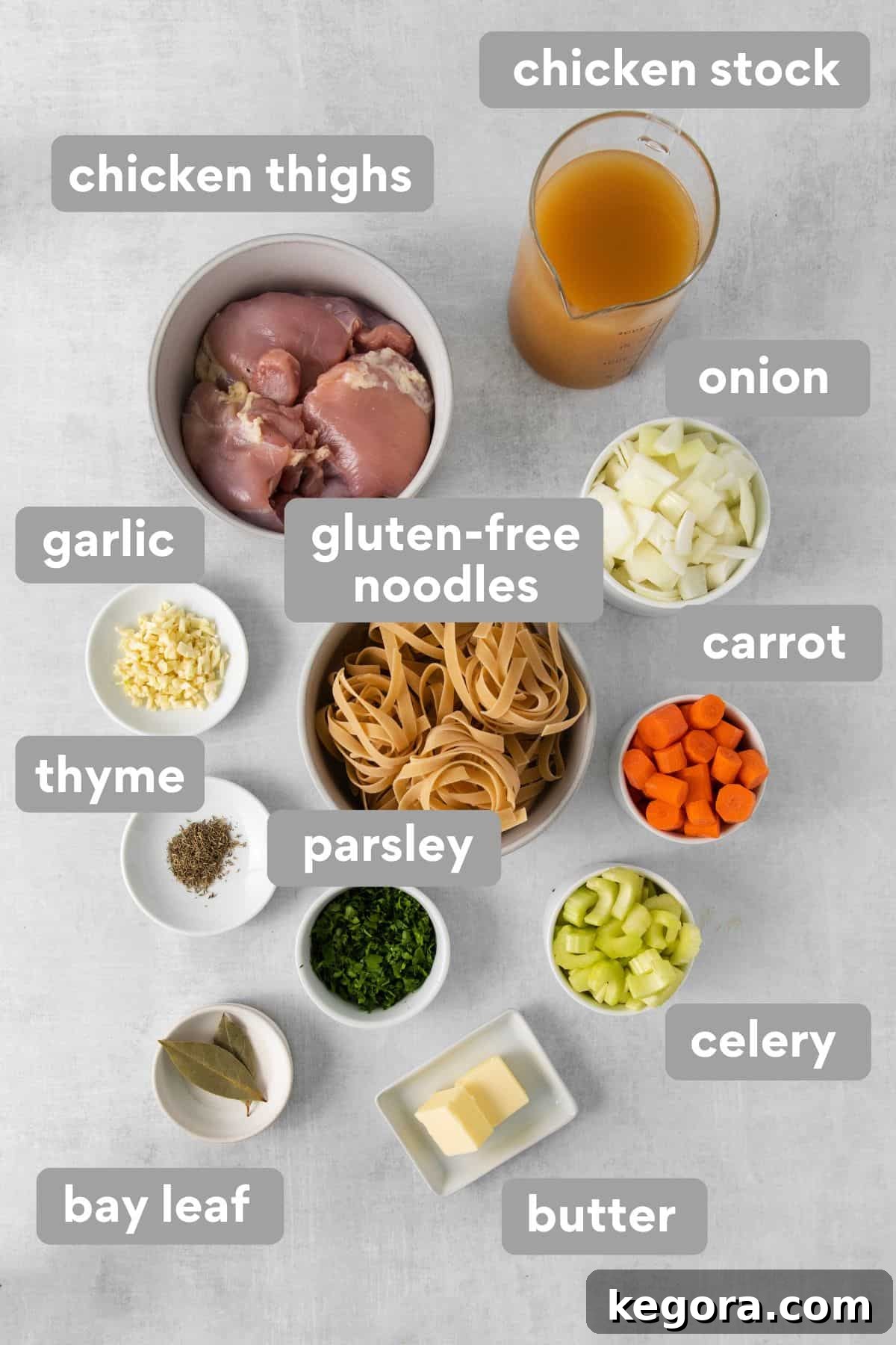 Soul-Soothing Gluten-Free Chicken Noodle Soup 3 Fresh ingredients laid out for homemade gluten-free chicken noodle soup