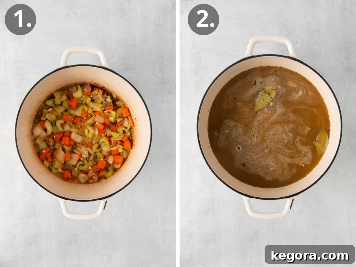 Soul-Soothing Gluten-Free Chicken Noodle Soup 4 Soup ingredients simmering in a large pot with chicken stock