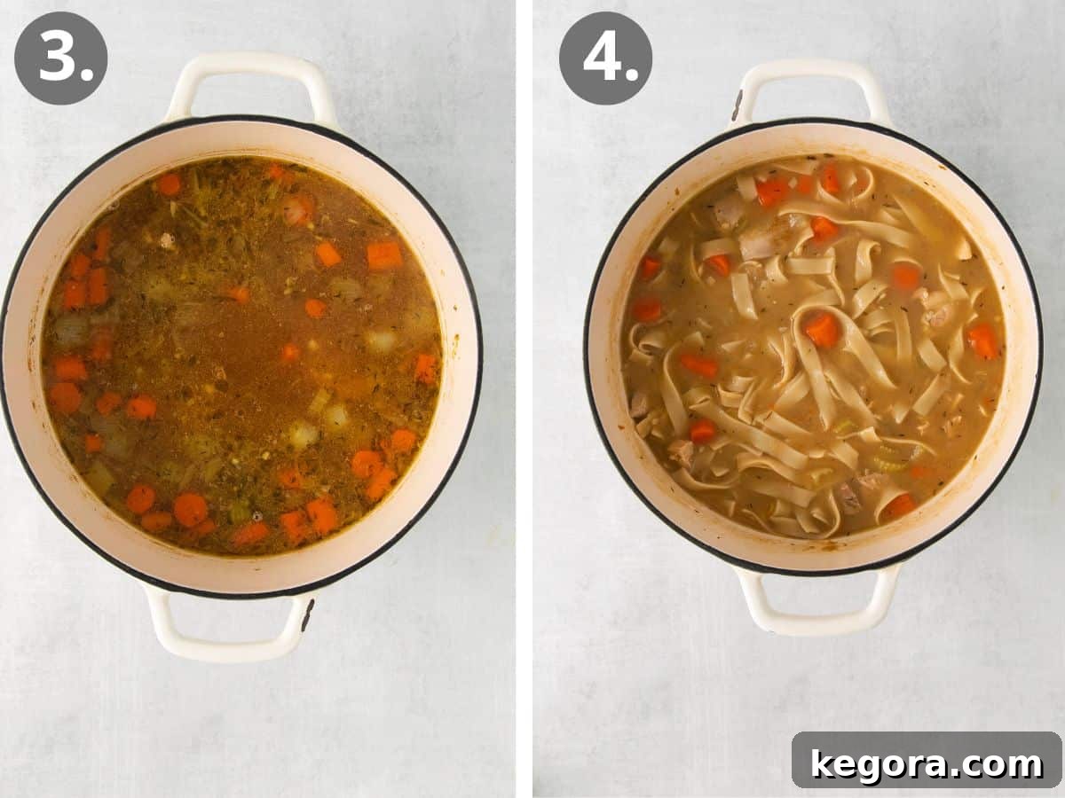 Soul-Soothing Gluten-Free Chicken Noodle Soup 5 Two images: Simmering chicken noodle soup and a finished pot of soup