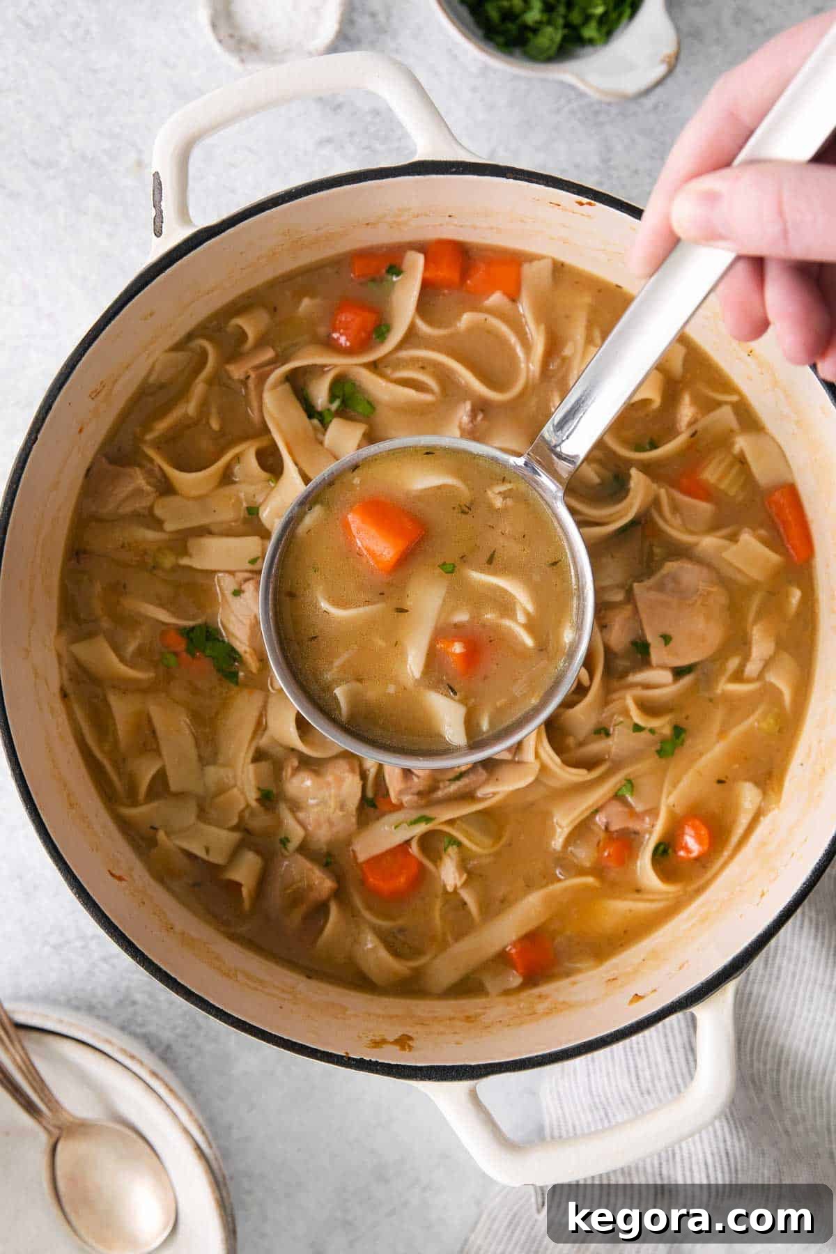 Soul-Soothing Gluten-Free Chicken Noodle Soup 7 A ladle scooping gluten-free chicken noodle soup from a pot