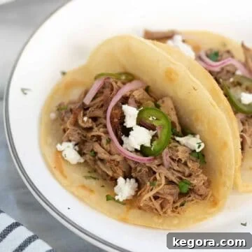 Fork-Tender Sweet Pork Tacos 10 Sweet Pork Tacos on a white plate with cilantro and pickled onions