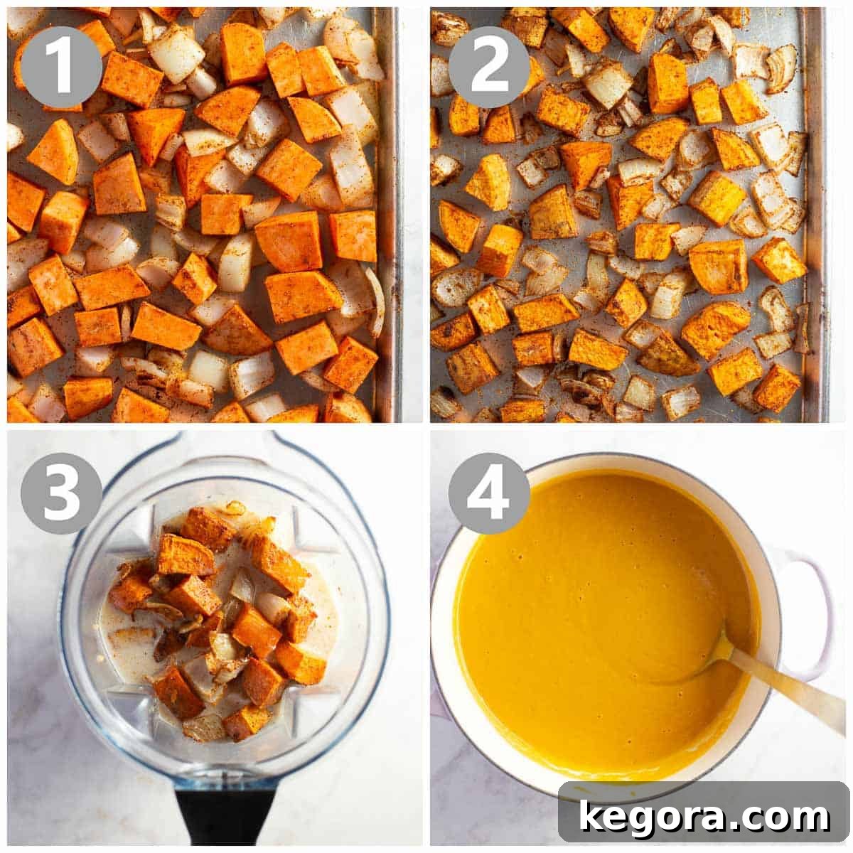 Step-by-Step Sweet Potato Soup Preparation A four-panel photo collage demonstrating the steps to make roasted sweet potato soup: pre-roasting, roasted vegetables on a pan, blending in a blender, and the final soup in a bowl.