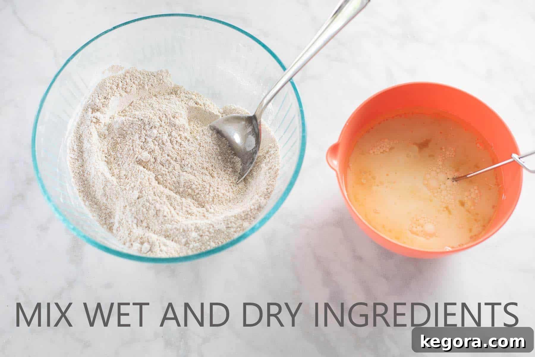 Golden Oat Waffles 4 How to mix together the wet and dry ingredients for oat flour waffles, showing separate bowls.