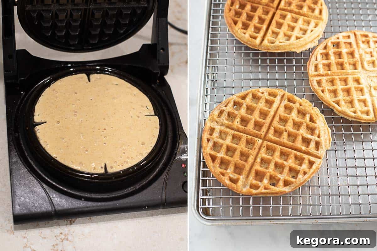 Golden Oat Waffles 6 How to make gluten-free waffles with a waffle iron, and cooked waffles cooling on a wire rack.
