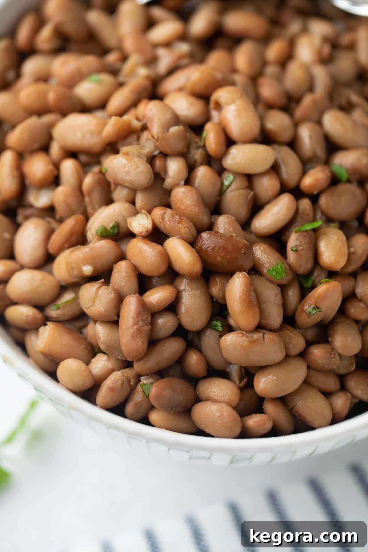 Cooked Pinto Beans A top-down view of a rustic white bowl overflowing with freshly cooked pinto beans, ready to be served.