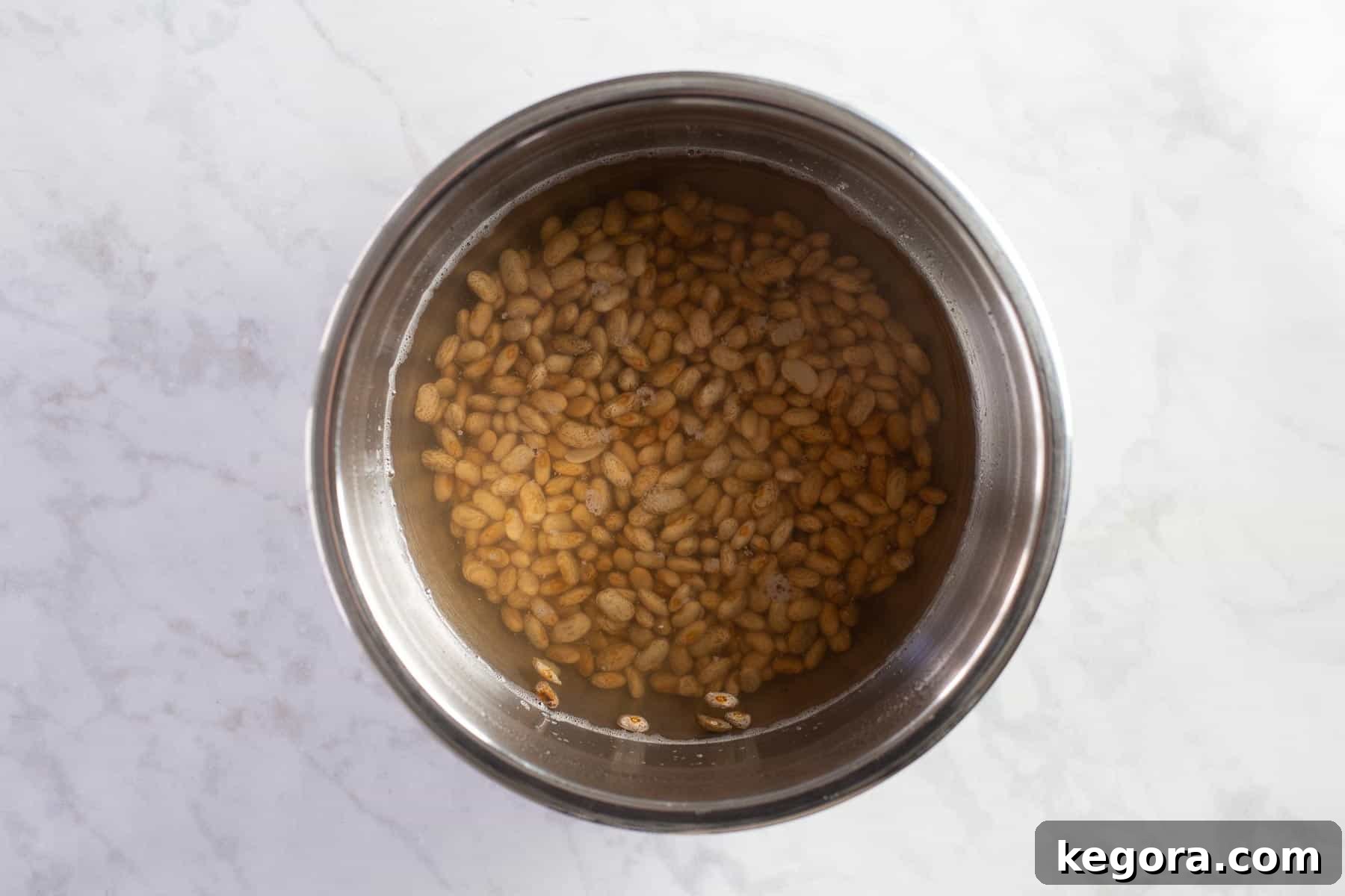 How to Soak Dry Beans Dry pinto beans soaking in a large stainless steel pot filled with water, preparing for slow cooking.