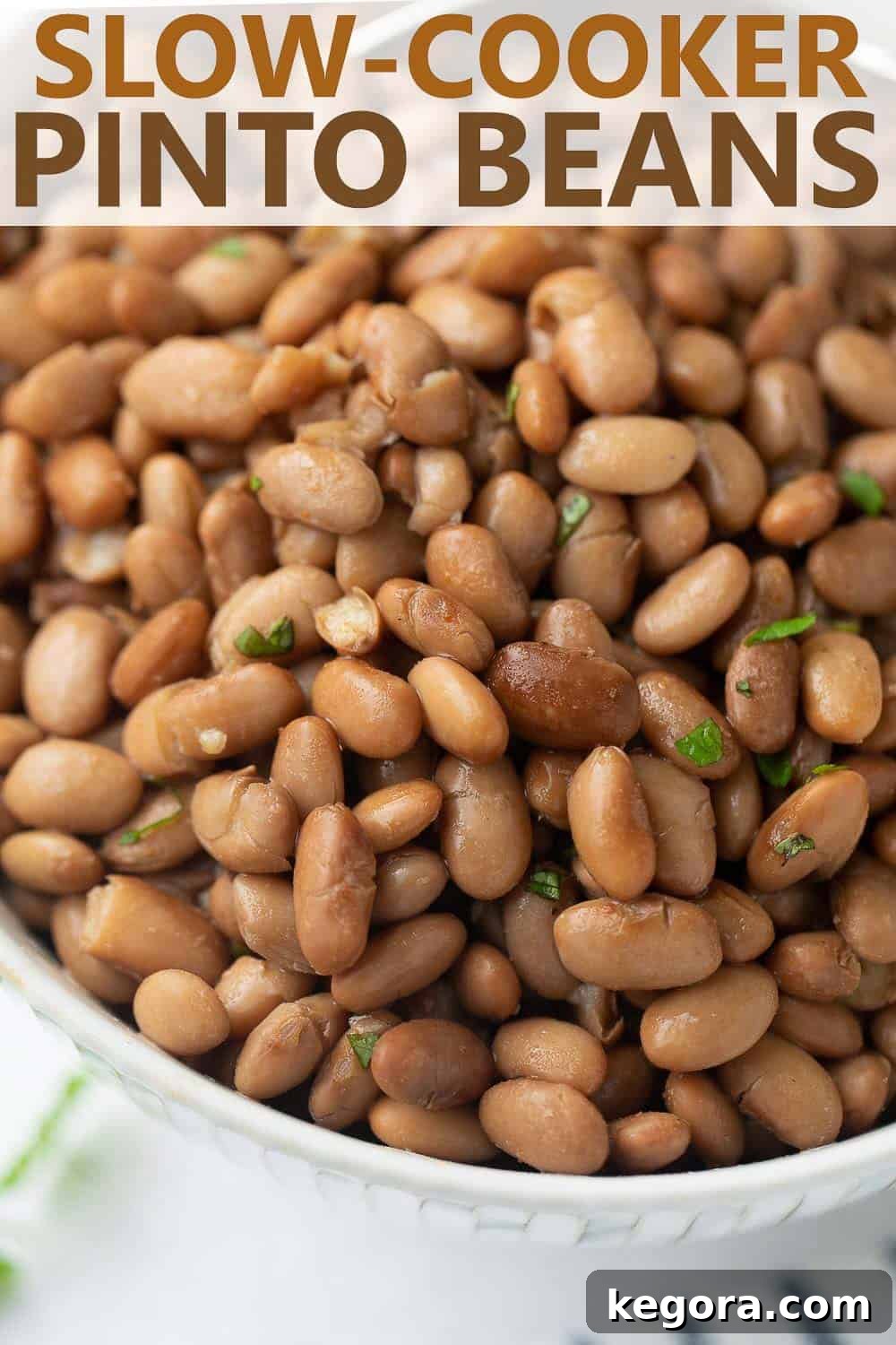 A vibrant close-up shot of creamy slow-cooker pinto beans served in a white bowl, garnished with fresh herbs.