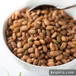 A close-up shot of cooked pinto beans in a white bowl with a serving spoon, highlighting their rich texture.