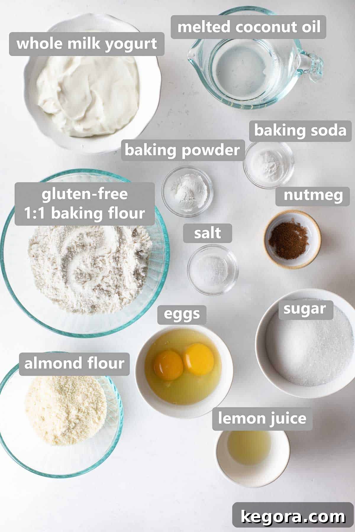 Overhead shot of all the dry and wet ingredients laid out to make gluten-free muffins, including flour, sugar, yogurt, and eggs.