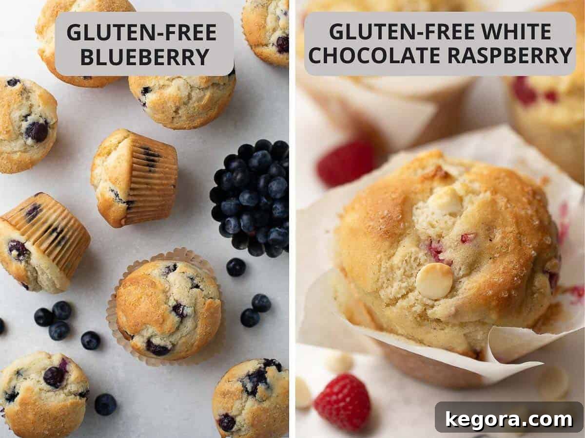 Side-by-side photo of a blueberry gluten-free muffin and a white chocolate raspberry gluten-free muffin.