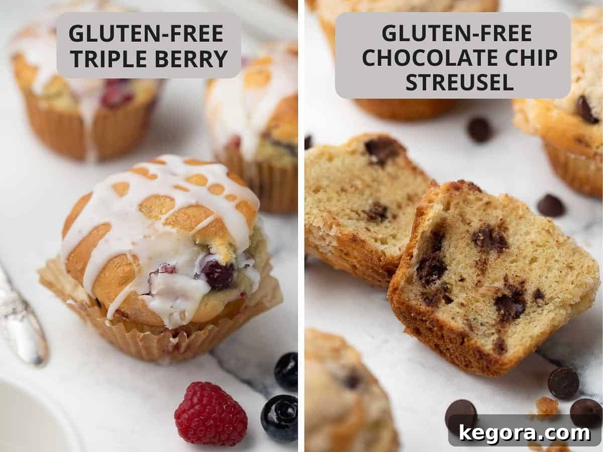 Side-by-side picture of gluten-free triple berry muffins and gluten-free chocolate chip muffins
