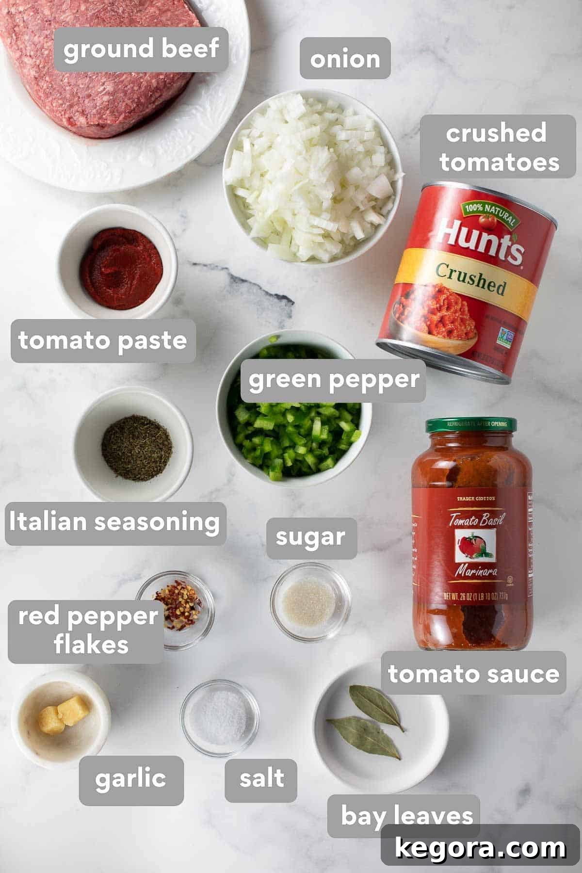 Perfect Gluten-Free Pasta Sauce 4 overhead shot of ingredients to make gluten-free spaghetti sauce.