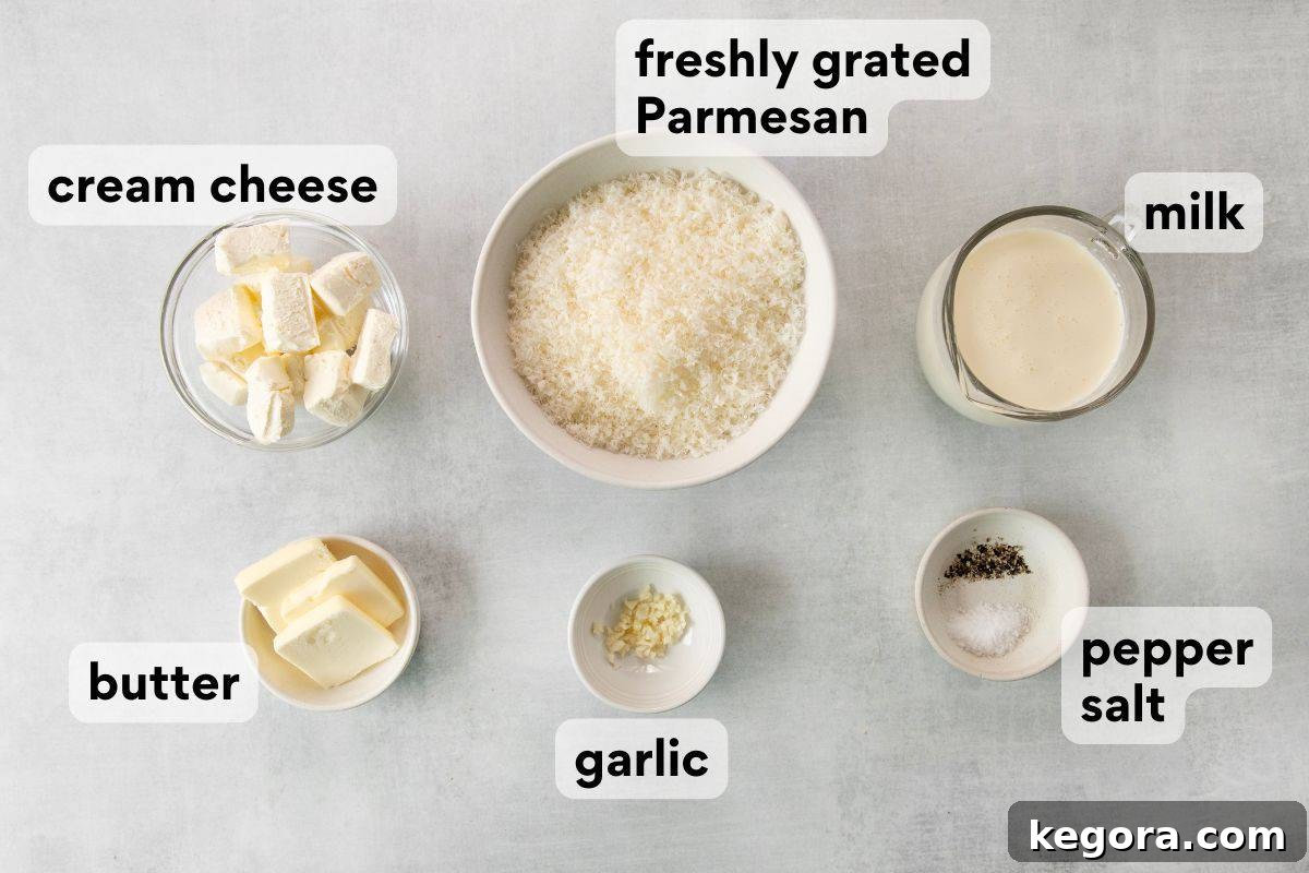 Alfredo ingredients measured and labeled.