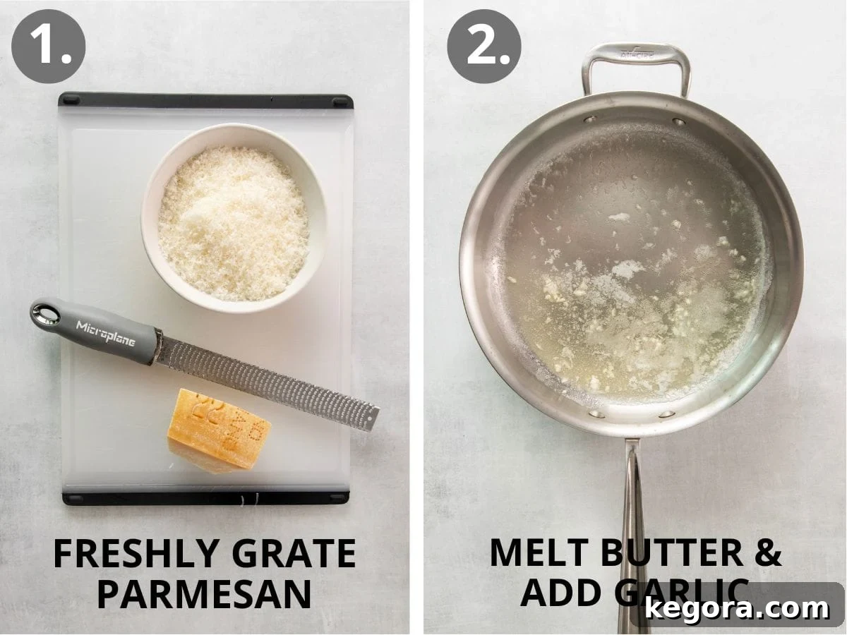 step 1 grate parmesan and step 2 melt butter and add garlic.