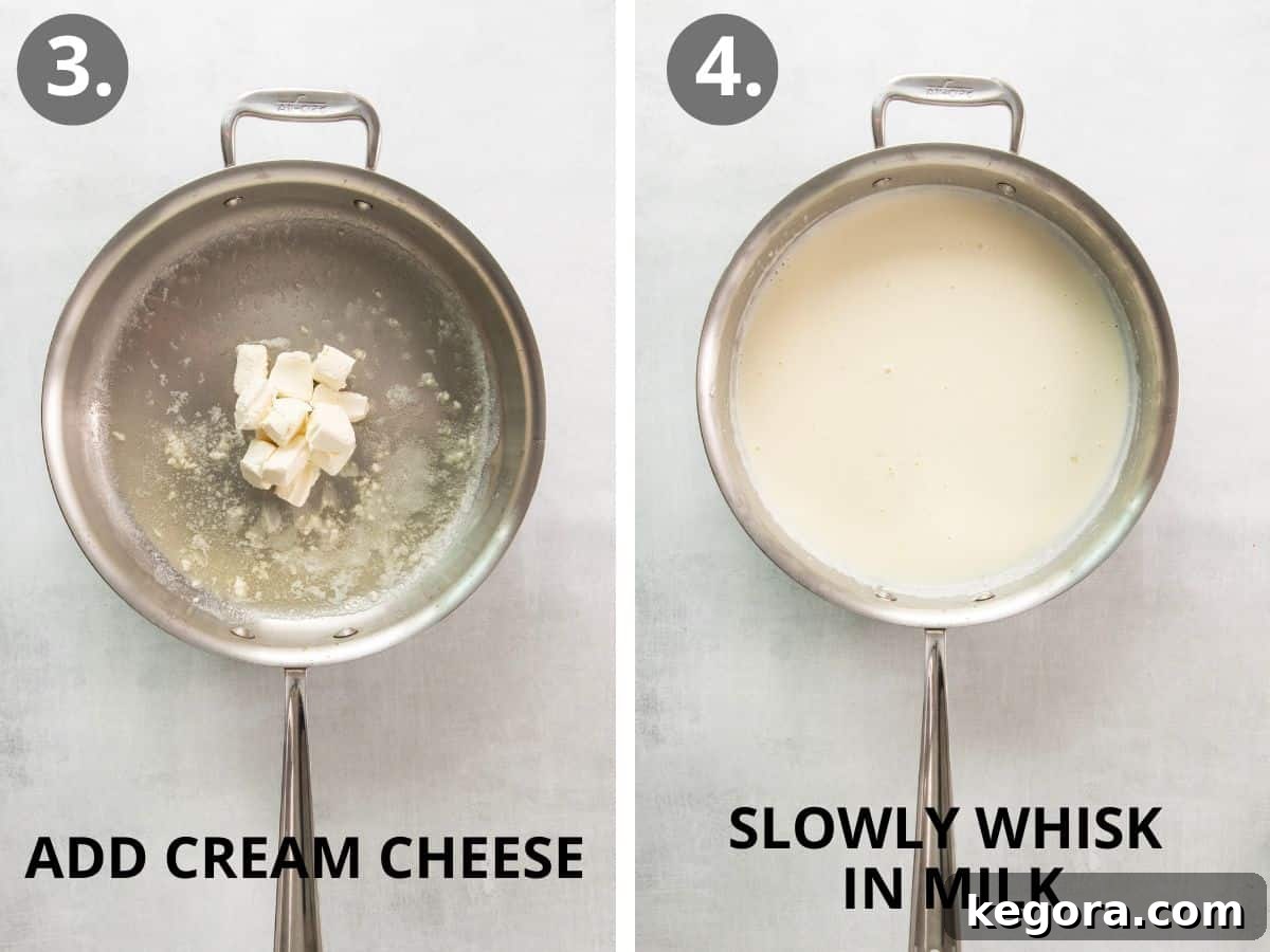step 3 add cream cheese and step 4 slowly add milk.