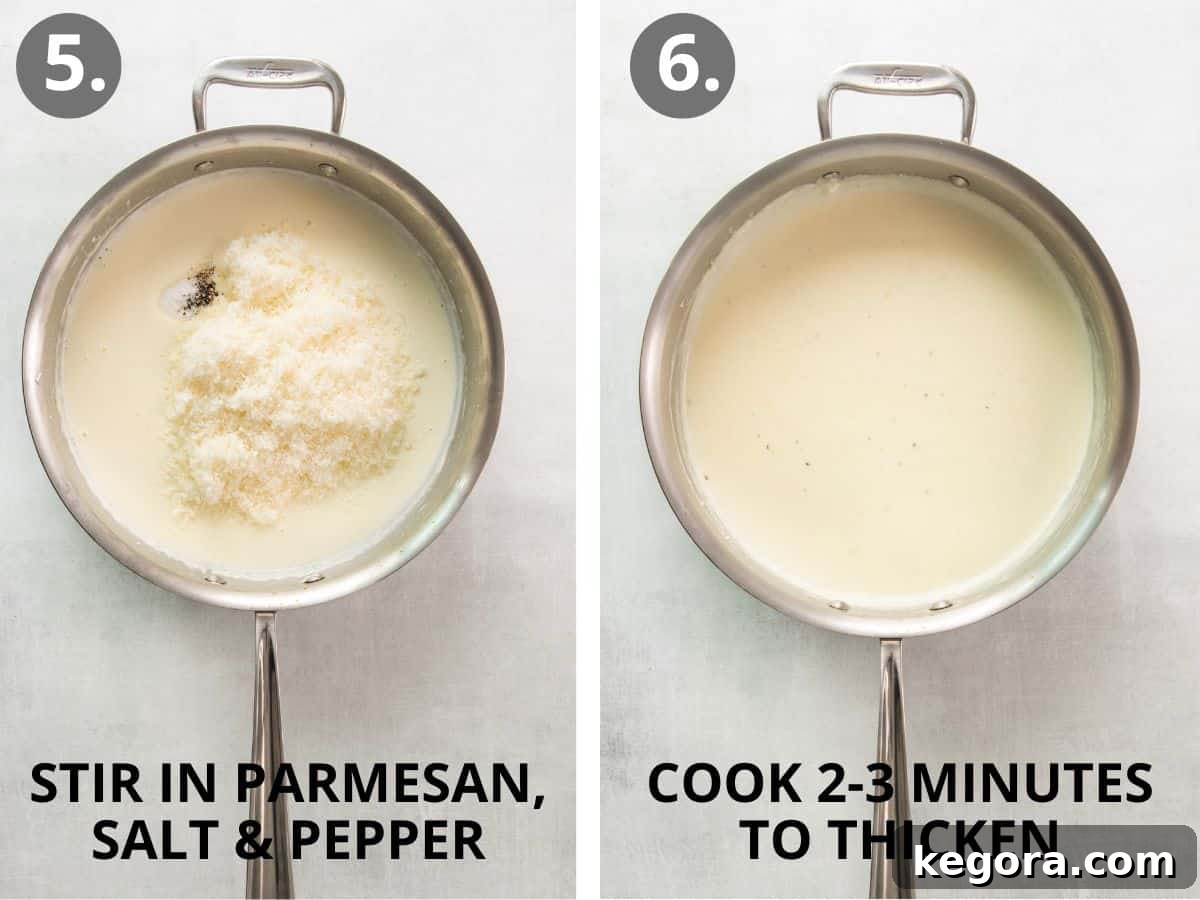 step 5 stir in Parmesan and spices and step 6 cook to thicken.