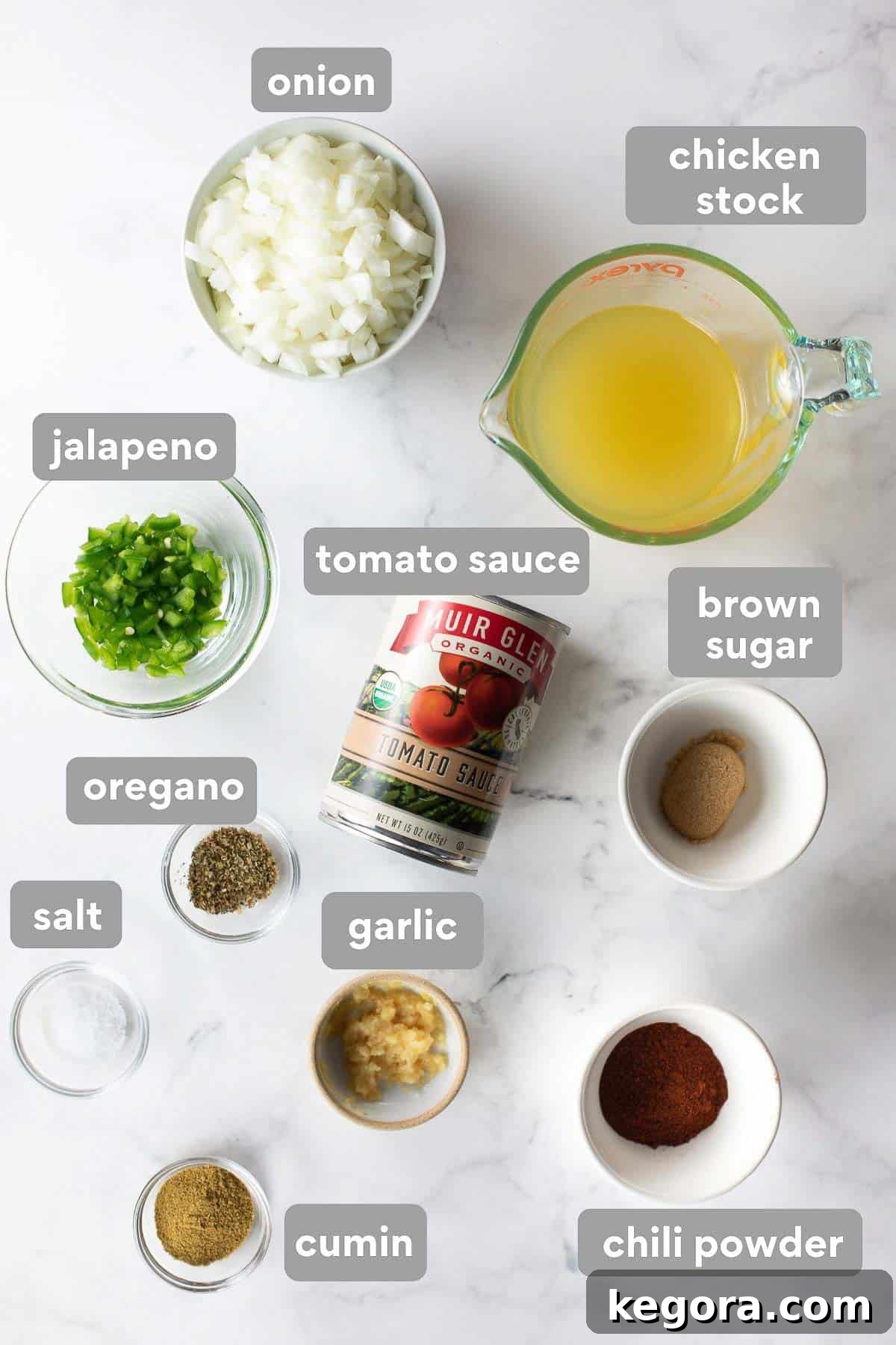 A vibrant overhead shot displaying all the fresh ingredients perfectly laid out for crafting homemade enchilada sauce, including diced onions, jalapeños, spices, and tomato sauce.